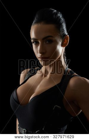 Portrait Of Gorgeous, Seductive Woman With Big Breast Wearing In Black Bodysuit. Attractive, Beautif