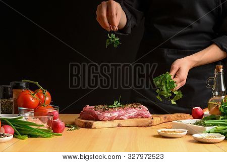 Pork Steak And Green Herbs, Italian Parsley From The Chef In The