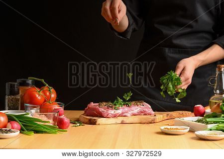 Pork Steak And Green Herbs, Italian Parsley From The Chef In The