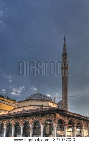 Exterior View To Ethem Bey Mosque At Skanderbeg Square In Tirana, Albania