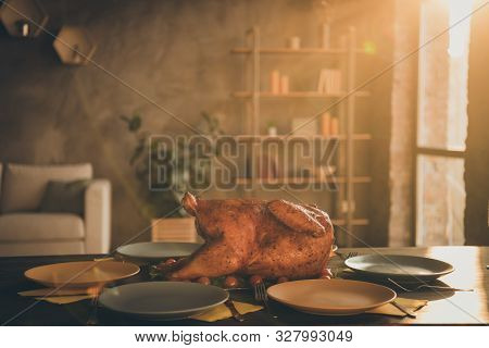 Close Up Photo Of Big Baked Roast Turkey In Middle Of Holiday Feast Table Empty Plates Around In Liv