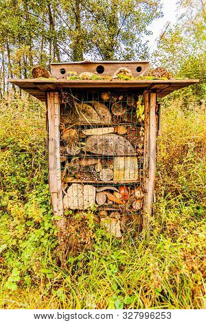 Hotel Insect With Small Pieces Of Wood In The Middle Of The Forest Surrounded By Great Vegetation An