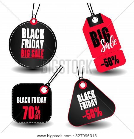 Set Of Sale Tags With Text. Vector Labels For Design Banners And Flyers. Black Friday Sales Tag. Vec