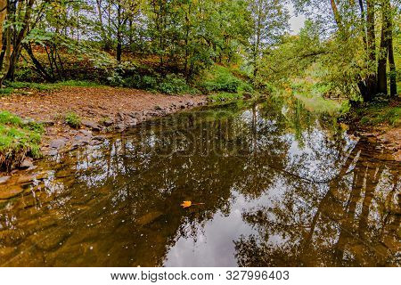 Quiet River With Reflection In The Water In The Forest With Abundant Vegetation And Trees, Day At Th