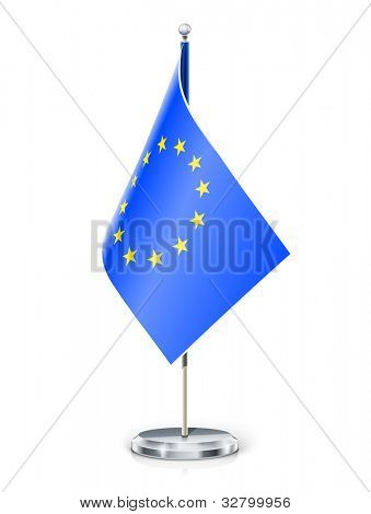 European Union's flag on flagstaff and support vector illustration EPS10 isolated on white background. Transparent objects and opacity masks used for shadows and lights drawing