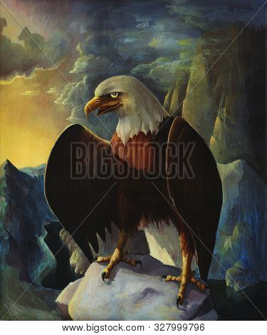 Bald Eagle In Mountains Oil Painting Landscape With Rocks, Wild Bird Drawing In Nature, Hand Drawn A