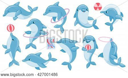Dolphins With Balls. Cute Cartoon Blue Dolphin Character Play, Jump Through Hoop And Draw. Marine An