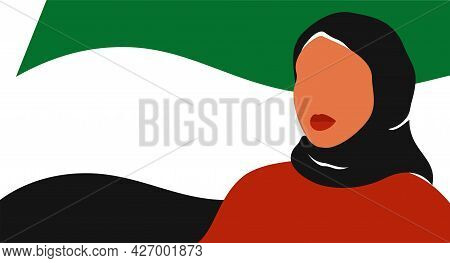 Muslim Girl Stands Against The Uae Flag. Emirati Women's Day Greeting Card With Young Arab Woman Wea