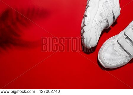 Top View Two White Girly Summer Sneakers With Velcro Fasteners With Fern Leaf Shadows Isolated On A 