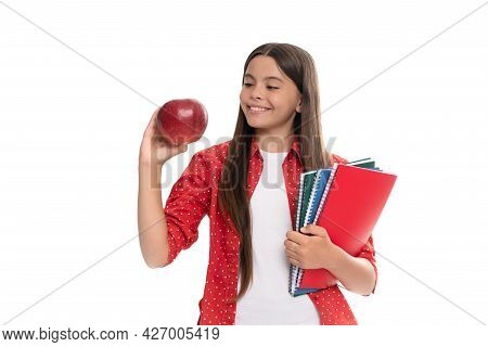 Happy Child Hold School Copybook For Studying And Apple Lunch Isolated On White, Back To School