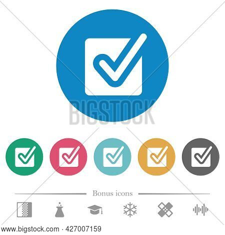 Checked Box Flat White Icons On Round Color Backgrounds. 6 Bonus Icons Included.