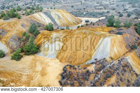 Colorful Mine Tailings And Spoil Heaps At Abandoned Copper Mine Near Kampia, Cyprus