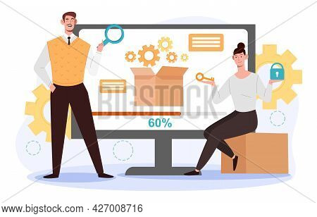 Device Firmware Concept. A Man And A Woman Are Sitting Next To A Large Computer Screen And Waiting F