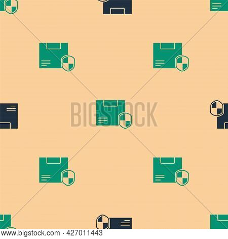 Green And Black Delivery Security With Shield Icon Isolated Seamless Pattern On Beige Background. De