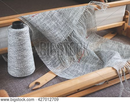 Wooden Handloom, Reed, Shuttle, Bobbin With Linen Yarn And Piece Of Woven Cloth. Handwoven Fabric Ma