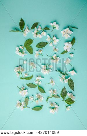 Pattern Of Bud Jasmine And Leaves Scattered On A Green Background, Overhead View. Flat Lay Pattern