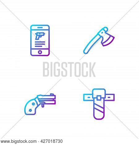 Set Line Knife Holster, Small Gun Revolver, Shop Weapon In Mobile App And Wooden Axe. Gradient Color