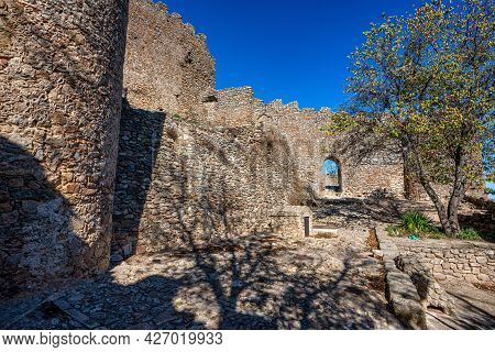 The Ancient Castle Of Montanchez Near Caceres, Extremadura, Spain, Freely Accessible To Tourists, Is