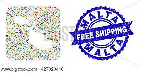 Vector Mosaic Malta Map Of Moving Arrows And Rubber Free Shipping Seal Stamp. Mosaic Malta Map Desig