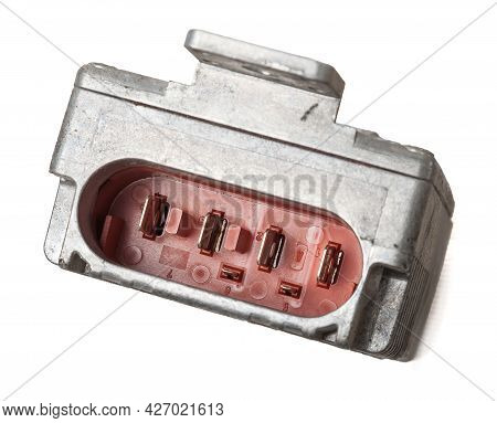 Connector Of Metallic Car Engine Control Unit With Plastic Elements On A White Isolated Background I
