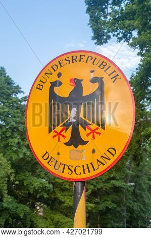 Gorlitz, Germany - June 2, 2021: Emblem Of Germany With Sign Bundesrepublik Deutschland With Eagle.
