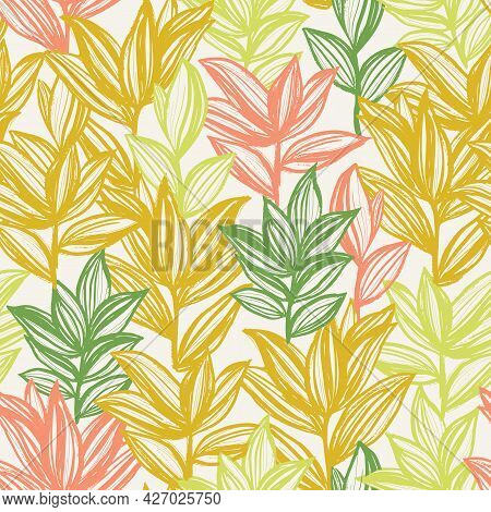 Botanical Seamless Vector Pattern. Mustard Yellow Pink And Green Color Leaves