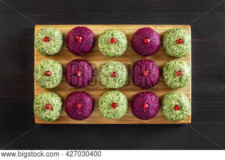 Phali With Beans And Beets On A Dark Wooden Background. Traditional Georgian Cuisine. Top View, Flat