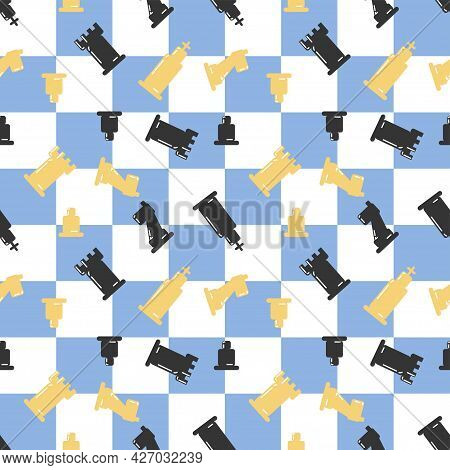 Chessboard With Chessmans Seamless Pattern. Blue White Check. Chess Day. King Rook Castle Horse Knig