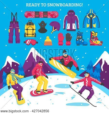 Snowboarding Vector Illustration With Sportsmen Figurines And Collection Of Snowboarders Equipment C