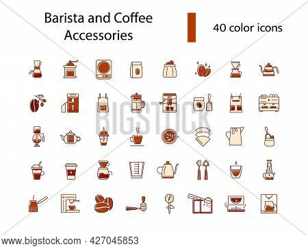 Barista And Coffee Accessories Flat Icons Set. Coffee Making Appliance. Color Symbol. Isolated Vecto