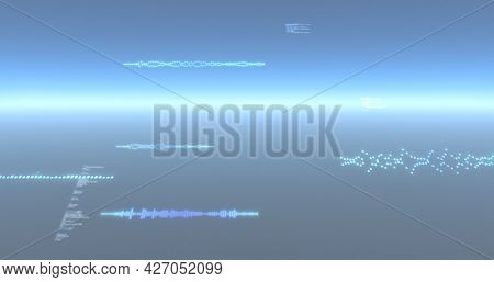 Image of data processing and particles recording on glowing blue background. digital interface, global connection and communication concept digitally generated image.