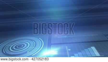 Image of statistics recording and scopes scanning on screens over glowing blue background. digital interface, global connection and communication concept digitally generated image.