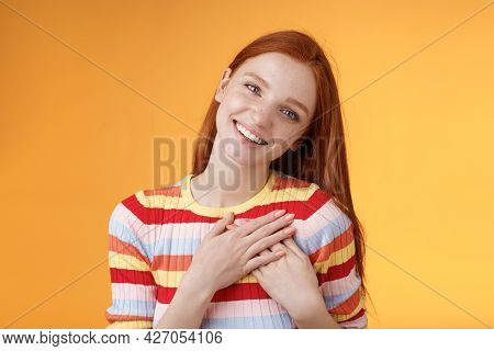 Happy Grateful Passionate Stylish Redhead European Girl Thanking Dearest Friend Lovely Sweet Gift Pr