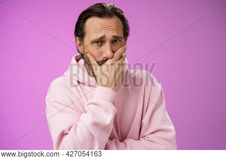 Shocked Upset Handsome Mature Bearded Man Hear Terrible News Griefing Suffer Sorrow Express Empathy 