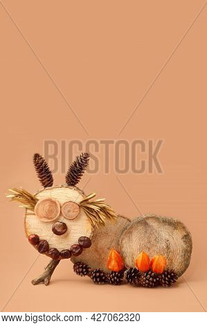 Seasonal Autumn Craft With Kids. Children's Cute Worm Or Caterpillar Made Of Natural Materials - Con