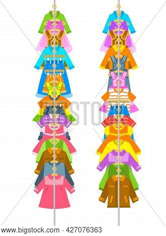 Kids Clothes On Long Hanger Rack. Vertical Border For Frame. Little Boys And Girls Different Garment
