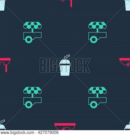 Set Bumper Car, Paper Glass With Water And Fast Street Food Cart On Seamless Pattern. Vector