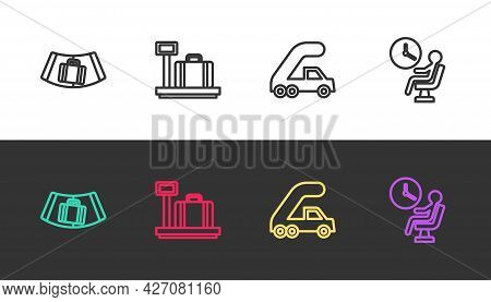 Set Line Conveyor Belt With Suitcase, Scale, Passenger Ladder For Plane Boarding And Human Waiting A