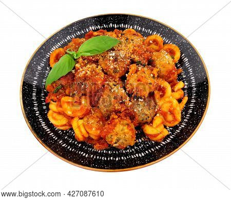 Beef And Pork Meatballs Al Forno With Trulli Pasta In Tomato Sauce Meal Isolated On A White Backgrou