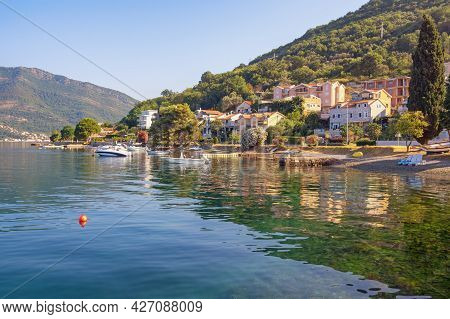 Beautiful Summer Mediterranean Landscape. Montenegro, Adriatic Sea, Bay Of Kotor, Tivat, View Of Don