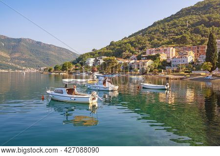 Sunny Mediterranean Landscape. Montenegro, Adriatic Sea. View Of  Bay Of Kotor Near Tivat City On Su