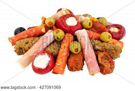 Group Of Savoury Appetizer Snacks Including Stuffed Olives, Lamb And Chicken Koftas And Rollitos Iso