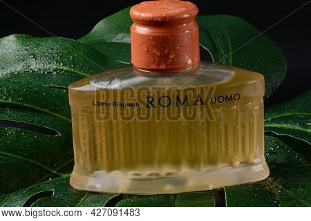 Netanya,israel- July 07, 2021:closeup Of Biagiotti Roma Perfume In Miniature Bottle On Black Backgro