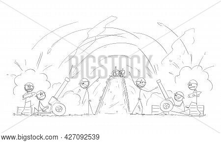 Soldiers In War Shooting Artillery To Others From Trench, Vector Cartoon Stick Figure Illustration