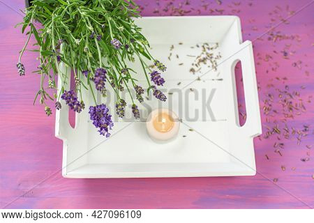Lavender Essential Oil And Bath Salt  . Natural Cosmetics Background