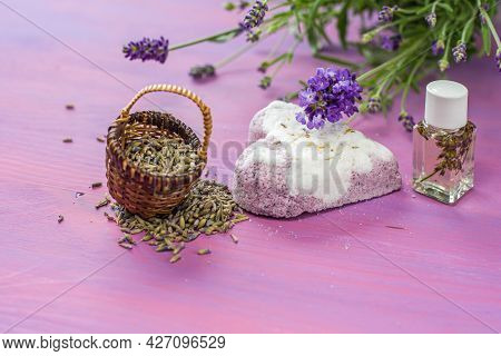 Lavender Essential Oil And Bath Salt  . Natural Cosmetics Background