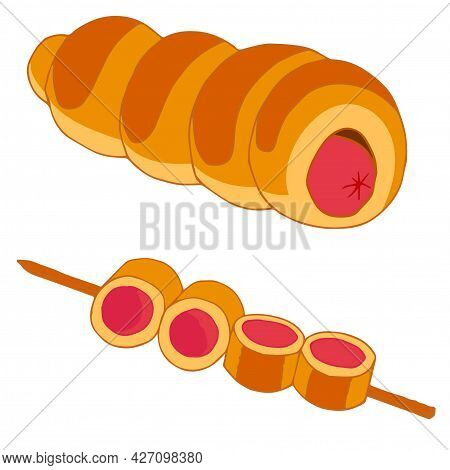 Sausage In Dough And On A Skewer In A Cartoon Style. Vector Stock Illustration Isolated On White Bac