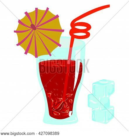 Red Drink With Crushed Ice, In A Glass Glass, With A Cocktail Umbrella And A Straw. There Are Three 