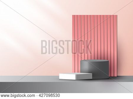 3d Realistic Pink And Gray Color Geometric Platform And Battens Backdrop With Side Lighting Mockup M