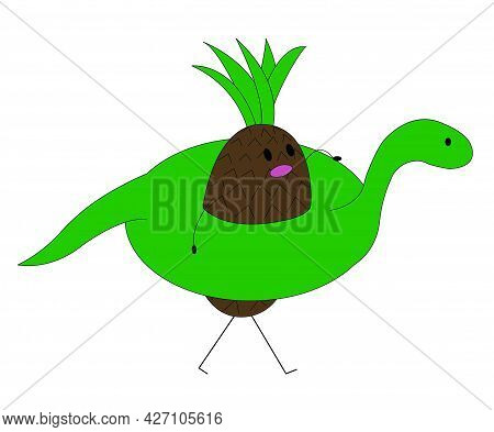 Pineapple Character With A Dinosaur Swimming Circle. Vectric Stock Illustration Isolated On White Ba